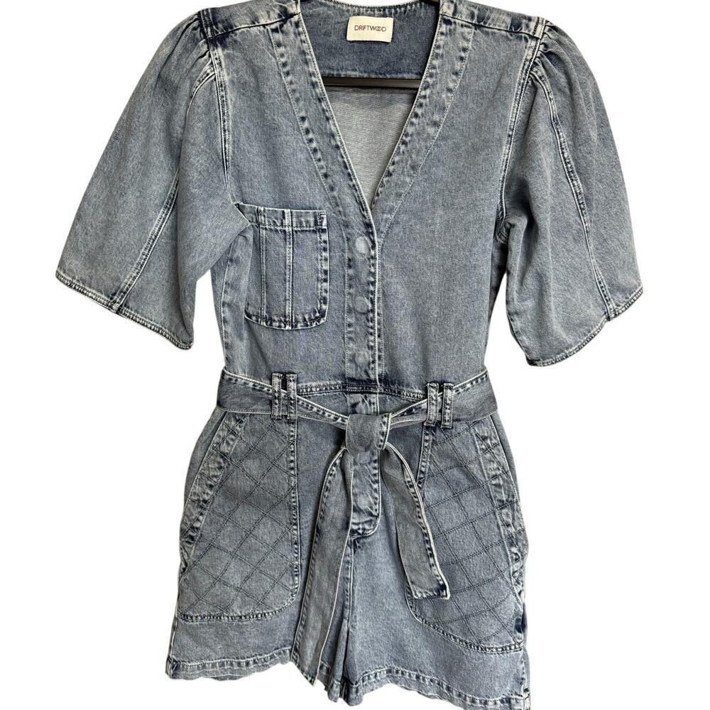 Driftwood Quilted Romper Belted Waist Denim Acid Wash Size Small NEW - Picture 3 of 11